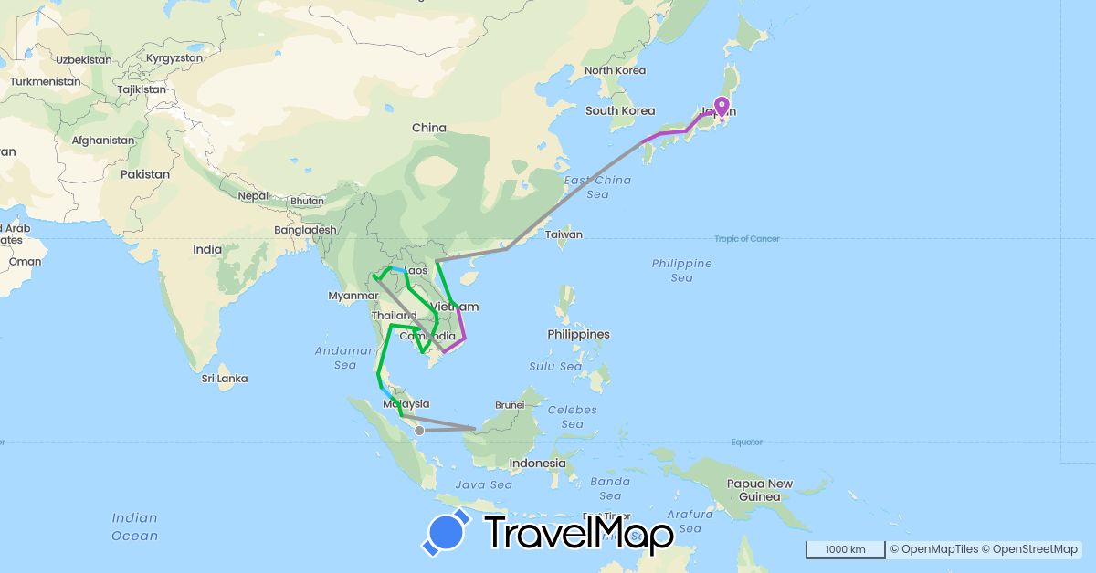 TravelMap itinerary: driving, bus, plane, train, boat in China, Japan, Cambodia, Laos, Malaysia, Singapore, Thailand, Vietnam (Asia)